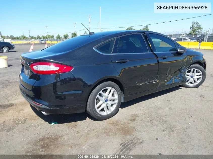 2014 Ford Fusion Se VIN: 3FA6P0HD8ER366928 Lot: 40126929