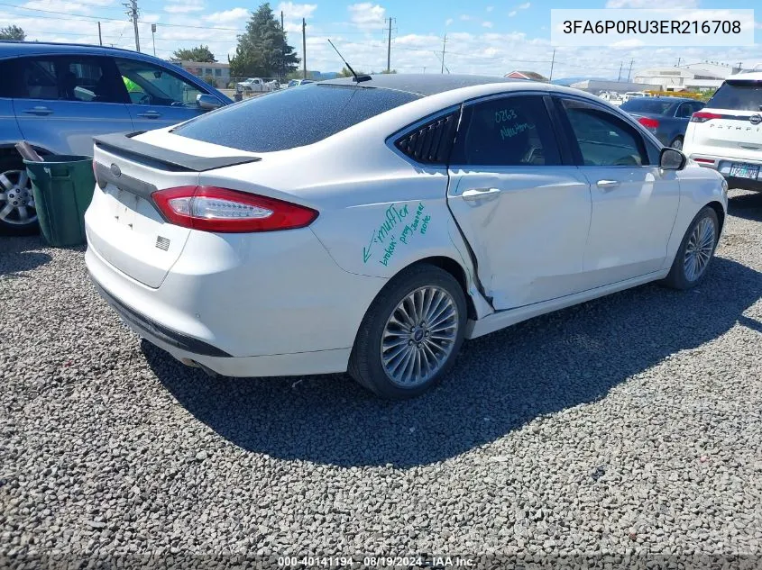 2014 Ford Fusion Hybrid Titanium VIN: 3FA6P0RU3ER216708 Lot: 40141194