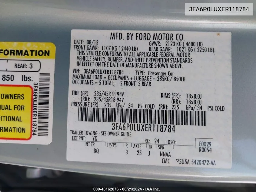 2014 Ford Fusion Hybrid Se Hybrid VIN: 3FA6P0LUXER118784 Lot: 40162076