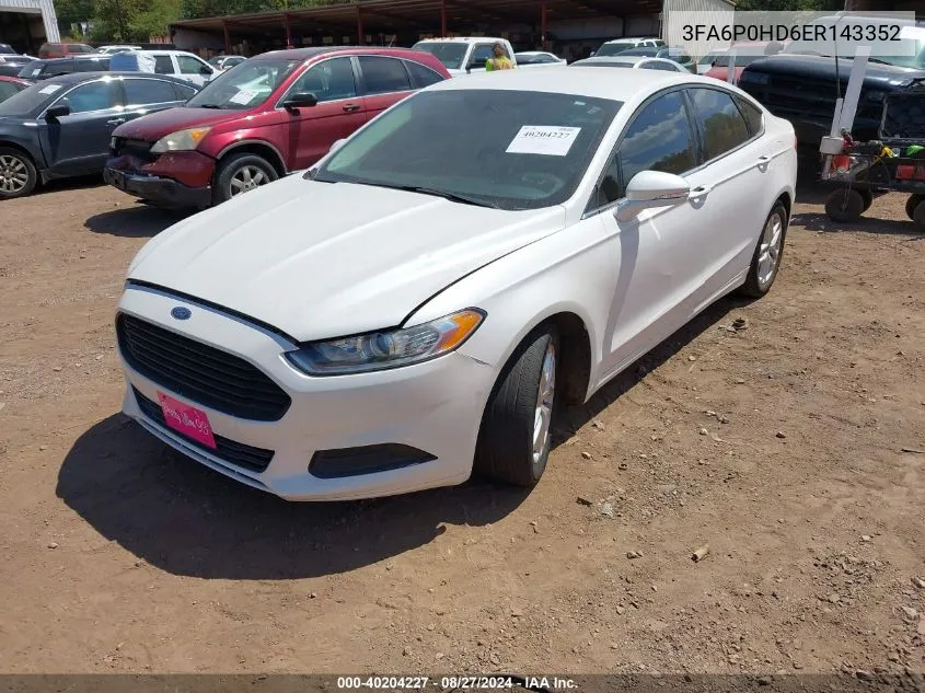 2014 Ford Fusion Se VIN: 3FA6P0HD6ER143352 Lot: 40204227