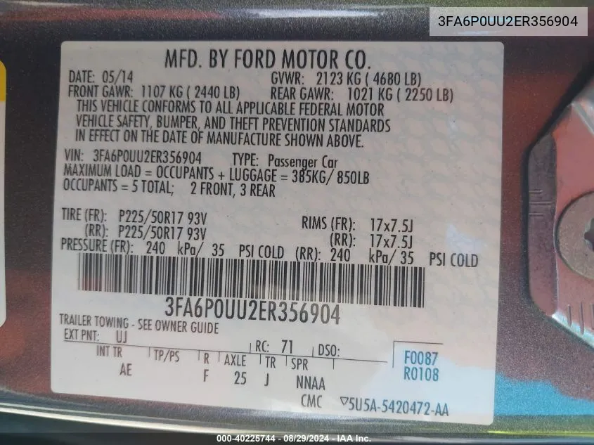 2014 Ford Fusion Hybrid S VIN: 3FA6P0UU2ER356904 Lot: 40225744