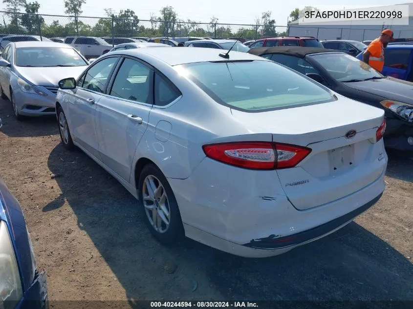 2014 Ford Fusion Se VIN: 3FA6P0HD1ER220998 Lot: 40244594