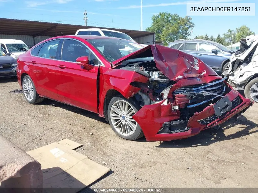 2014 Ford Fusion Se VIN: 3FA6P0HD0ER147851 Lot: 40244683