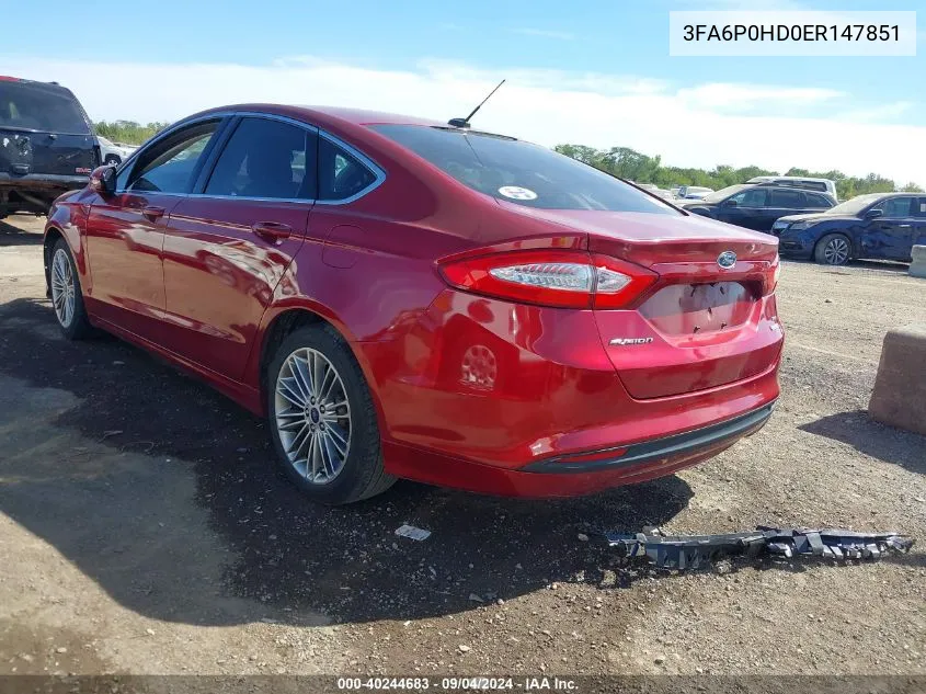 2014 Ford Fusion Se VIN: 3FA6P0HD0ER147851 Lot: 40244683