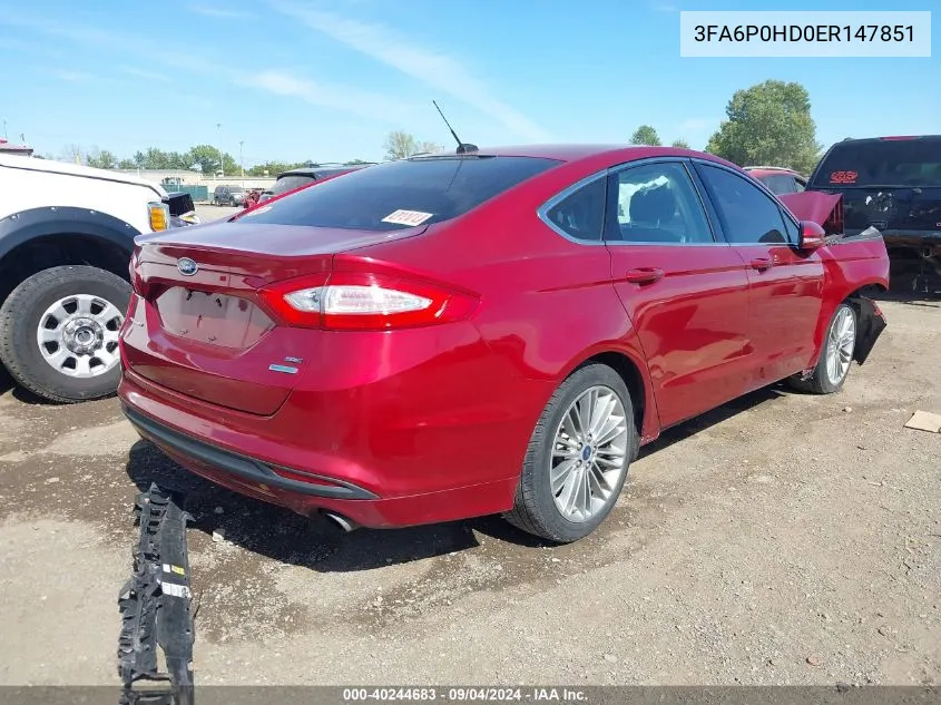 2014 Ford Fusion Se VIN: 3FA6P0HD0ER147851 Lot: 40244683