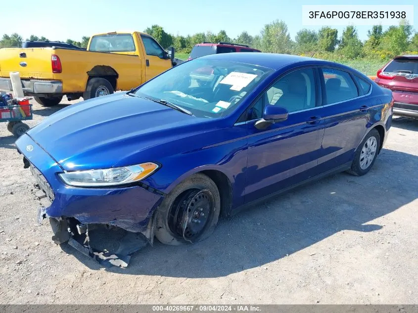 2014 Ford Fusion S VIN: 3FA6P0G78ER351938 Lot: 40269667