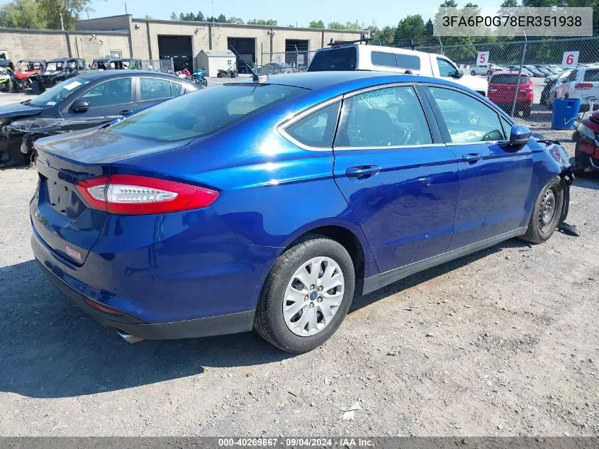 2014 Ford Fusion S VIN: 3FA6P0G78ER351938 Lot: 40269667