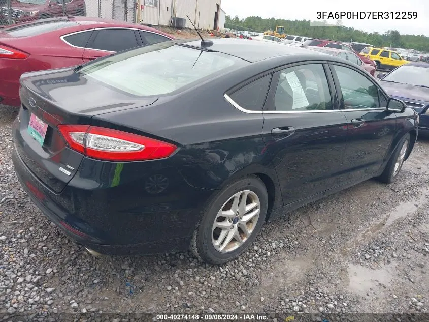 2014 Ford Fusion Se VIN: 3FA6P0HD7ER312259 Lot: 40274148