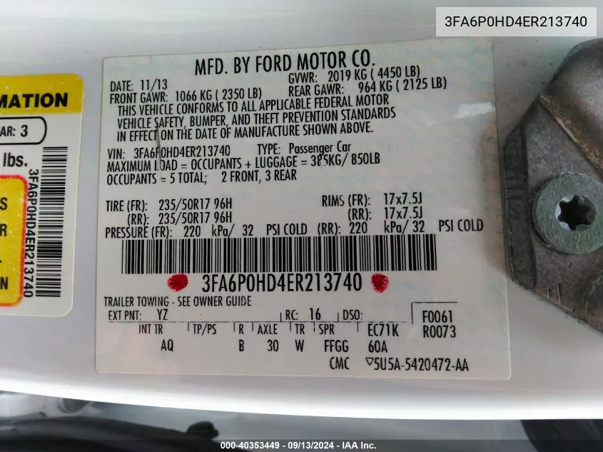 3FA6P0HD4ER213740 2014 Ford Fusion Se