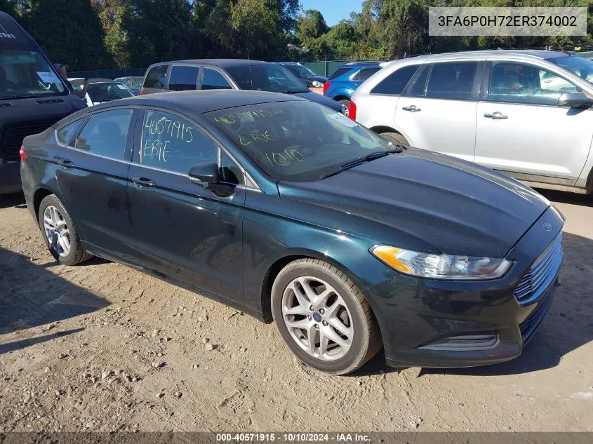 2014 Ford Fusion Se VIN: 3FA6P0H72ER374002 Lot: 40571915