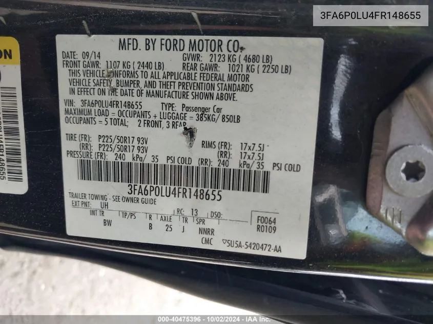 3FA6P0LU4FR148655 2015 Ford Fusion Hybrid Se