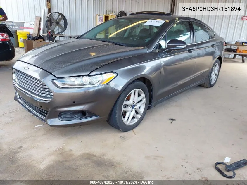 2015 Ford Fusion Se VIN: 3FA6P0HD3FR151894 Lot: 40742826