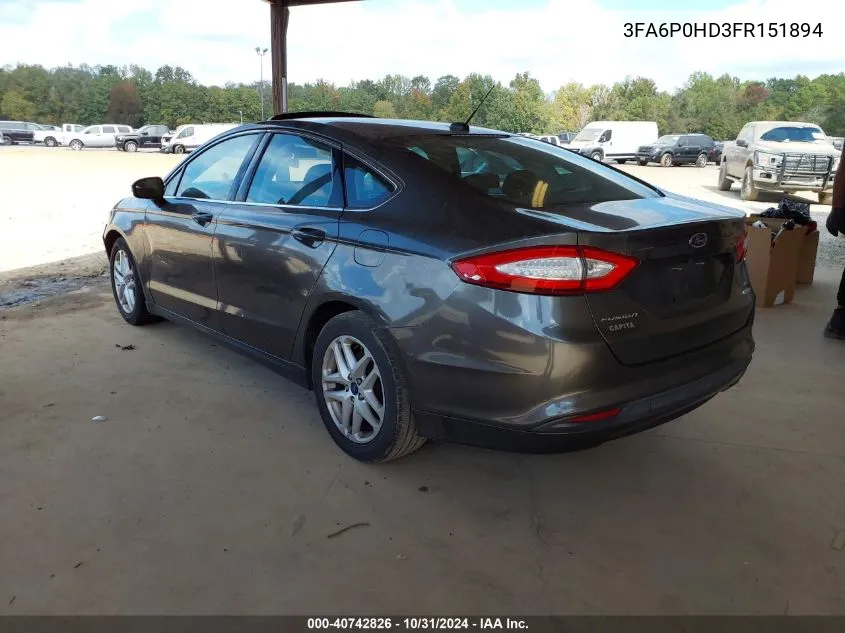 2015 Ford Fusion Se VIN: 3FA6P0HD3FR151894 Lot: 40742826