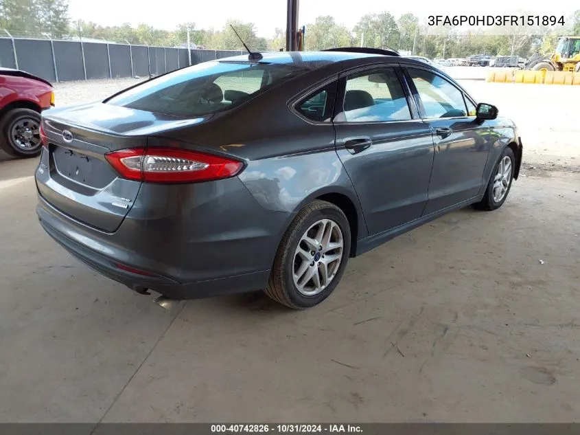 2015 Ford Fusion Se VIN: 3FA6P0HD3FR151894 Lot: 40742826