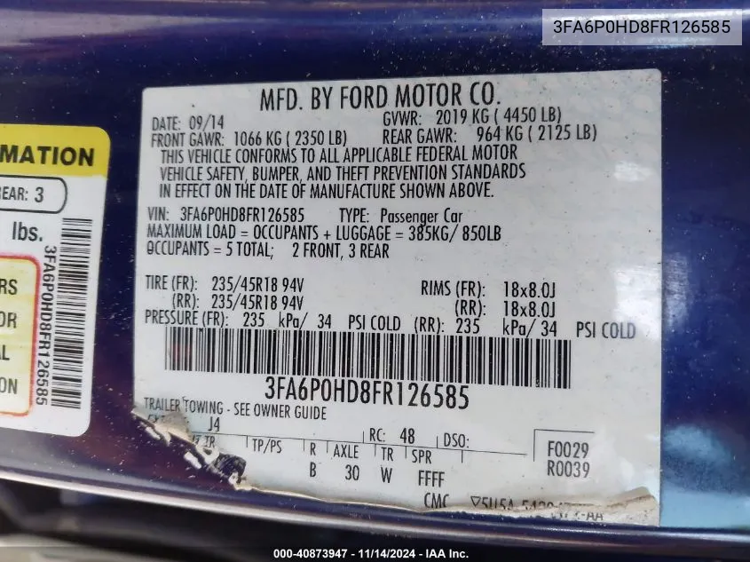 2015 Ford Fusion Se VIN: 3FA6P0HD8FR126585 Lot: 40873947