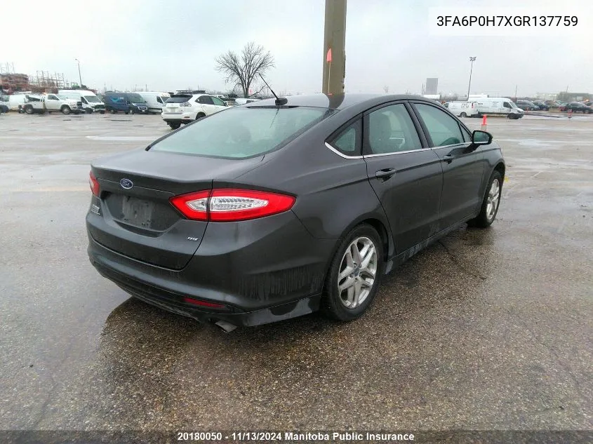 2016 Ford Fusion Se VIN: 3FA6P0H7XGR137759 Lot: 20180050