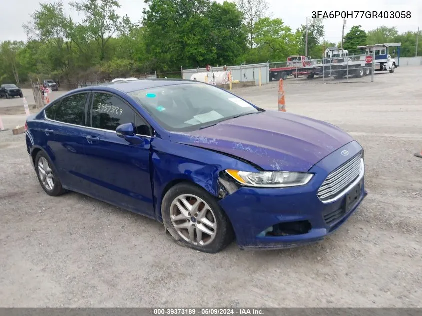 2016 Ford Fusion Se VIN: 3FA6P0H77GR403058 Lot: 39373189