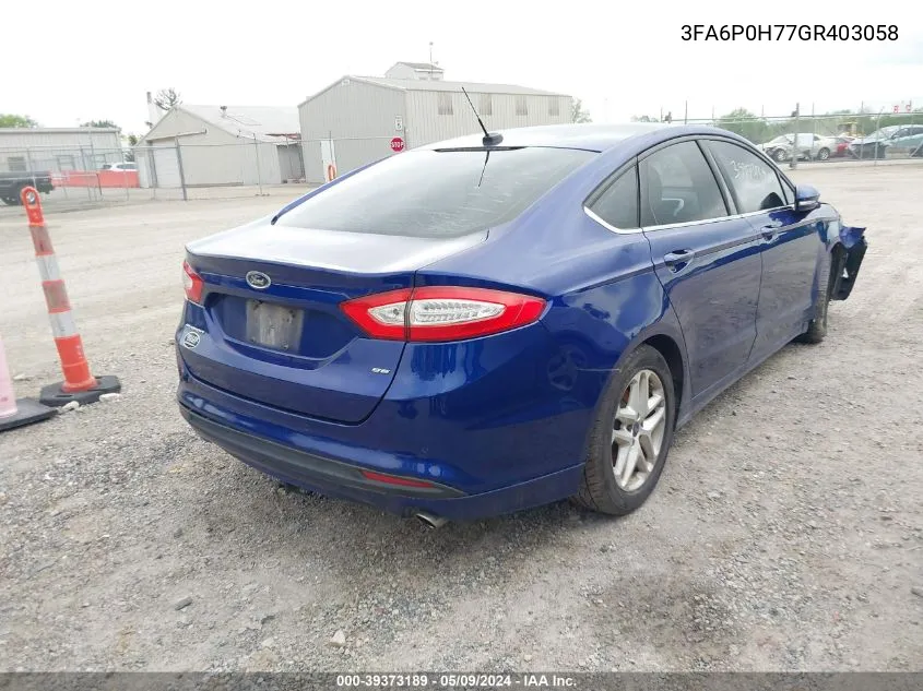 2016 Ford Fusion Se VIN: 3FA6P0H77GR403058 Lot: 39373189