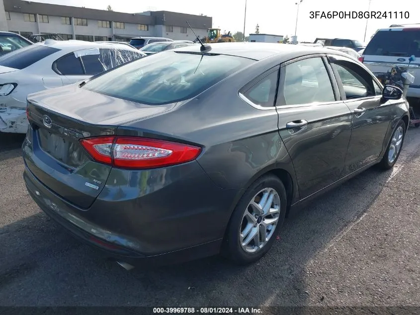 2016 Ford Fusion Se VIN: 3FA6P0HD8GR241110 Lot: 39969788