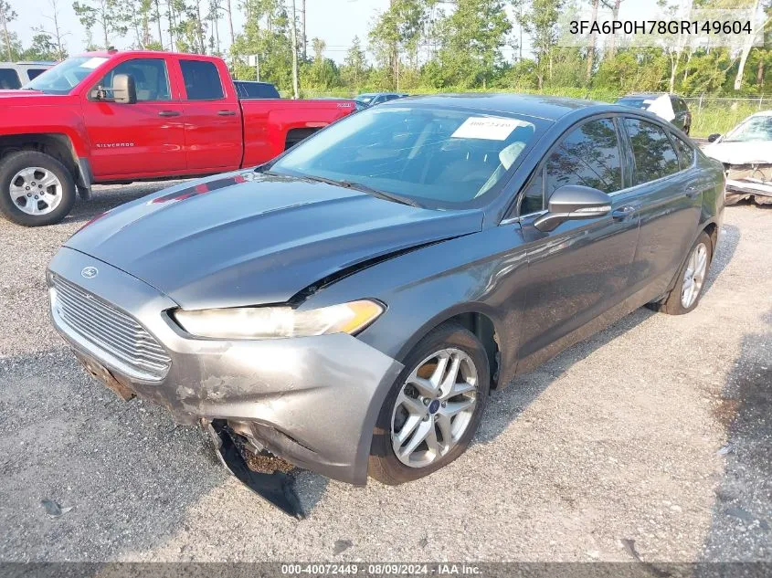 2016 Ford Fusion Se VIN: 3FA6P0H78GR149604 Lot: 40072449