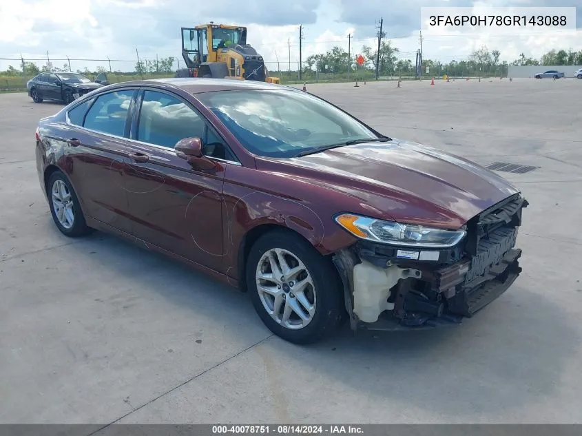 2016 Ford Fusion Se VIN: 3FA6P0H78GR143088 Lot: 40078751