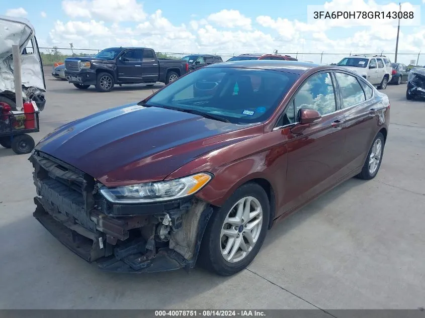 2016 Ford Fusion Se VIN: 3FA6P0H78GR143088 Lot: 40078751