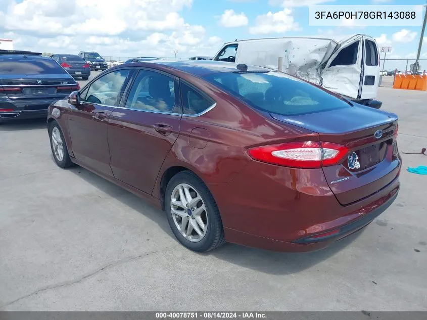 2016 Ford Fusion Se VIN: 3FA6P0H78GR143088 Lot: 40078751