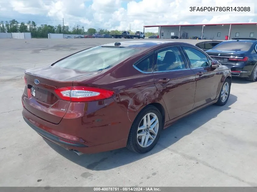 2016 Ford Fusion Se VIN: 3FA6P0H78GR143088 Lot: 40078751