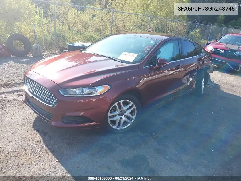 2016 Ford Fusion Se VIN: 3FA6P0H73GR243745 Lot: 40169330