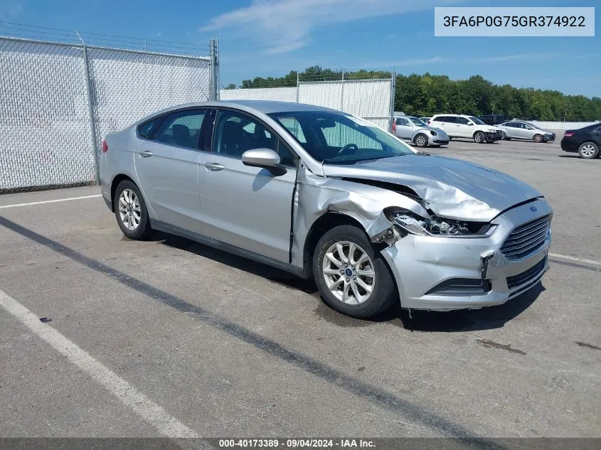 2016 Ford Fusion S VIN: 3FA6P0G75GR374922 Lot: 40173389