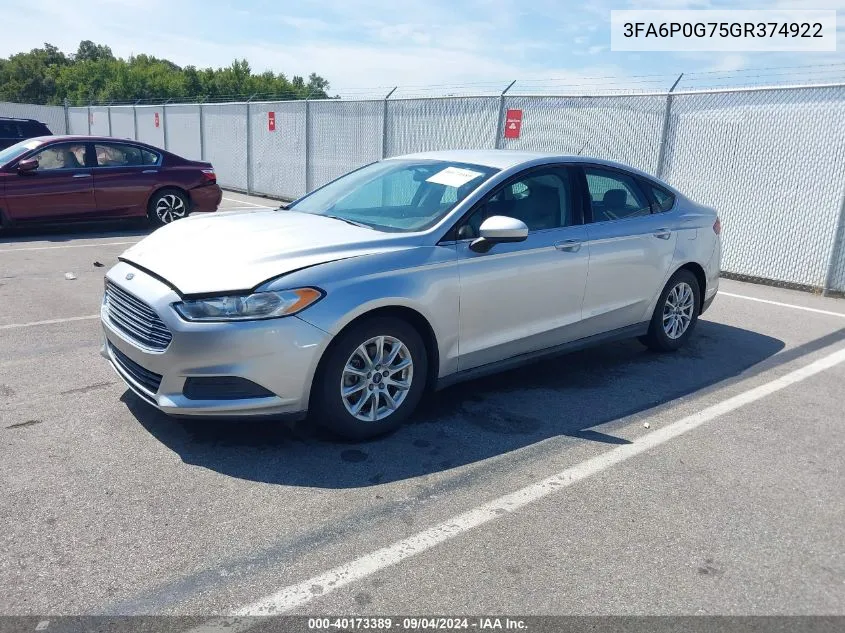 2016 Ford Fusion S VIN: 3FA6P0G75GR374922 Lot: 40173389