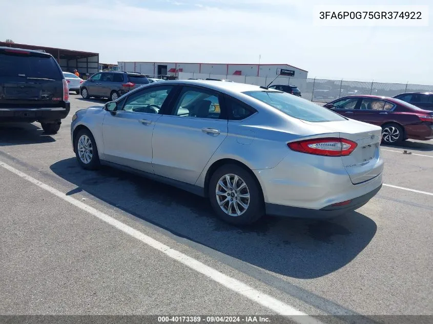 2016 Ford Fusion S VIN: 3FA6P0G75GR374922 Lot: 40173389