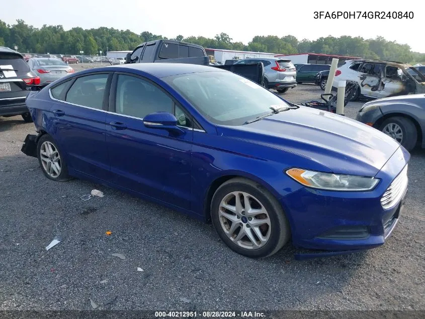 2016 Ford Fusion Se VIN: 3FA6P0H74GR240840 Lot: 40212951