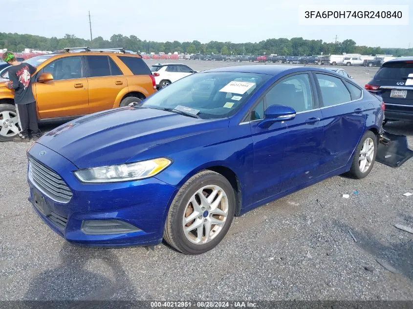 2016 Ford Fusion Se VIN: 3FA6P0H74GR240840 Lot: 40212951