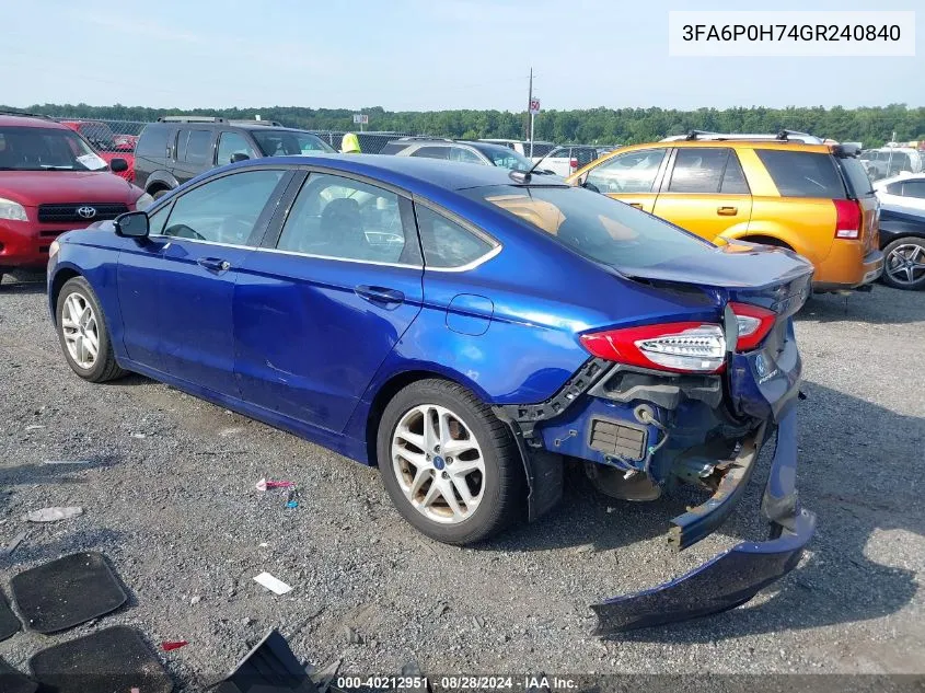 2016 Ford Fusion Se VIN: 3FA6P0H74GR240840 Lot: 40212951