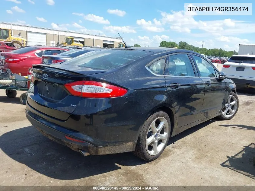 2016 Ford Fusion Se VIN: 3FA6P0H74GR356474 Lot: 40220145