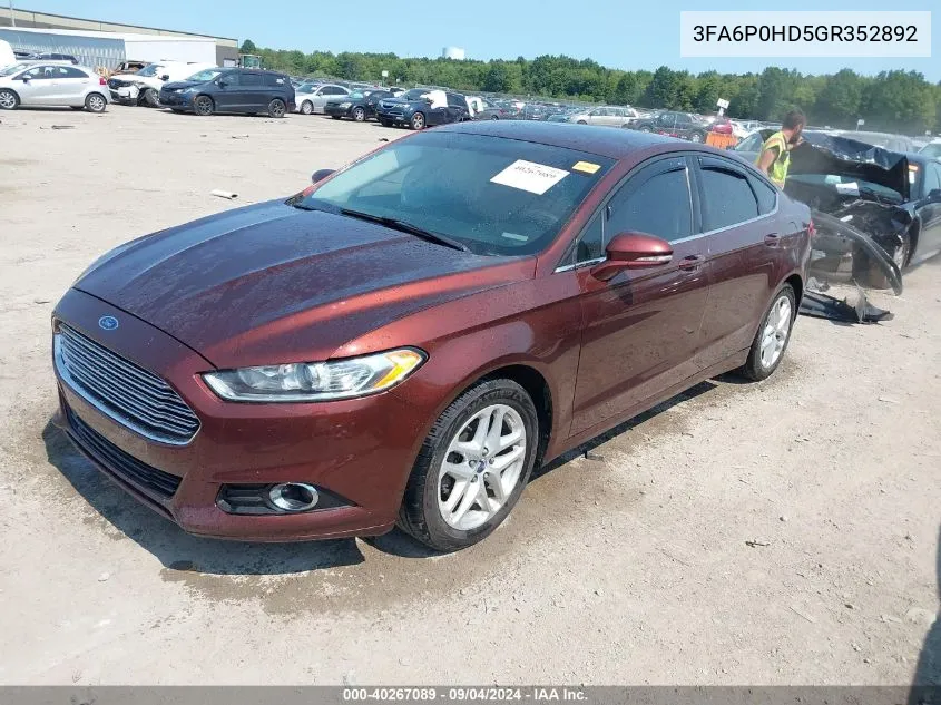 2016 Ford Fusion Se VIN: 3FA6P0HD5GR352892 Lot: 40267089