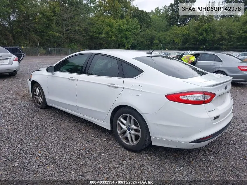 2016 Ford Fusion Se VIN: 3FA6P0HD6GR142978 Lot: 40332994