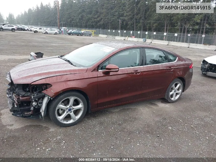 2016 Ford Fusion Se VIN: 3FA6P0HD8GR145915 Lot: 40354112