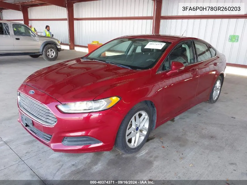 2016 Ford Fusion Se VIN: 3FA6P0H78GR260203 Lot: 40374371