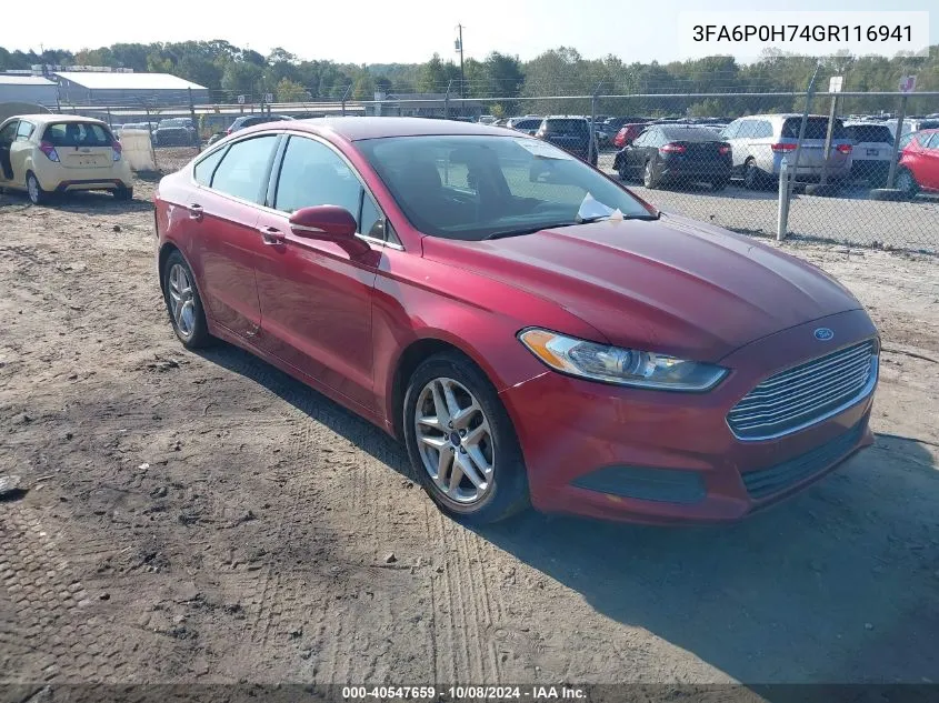 2016 Ford Fusion Se VIN: 3FA6P0H74GR116941 Lot: 40547659