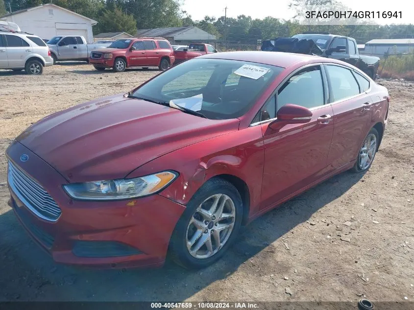 2016 Ford Fusion Se VIN: 3FA6P0H74GR116941 Lot: 40547659