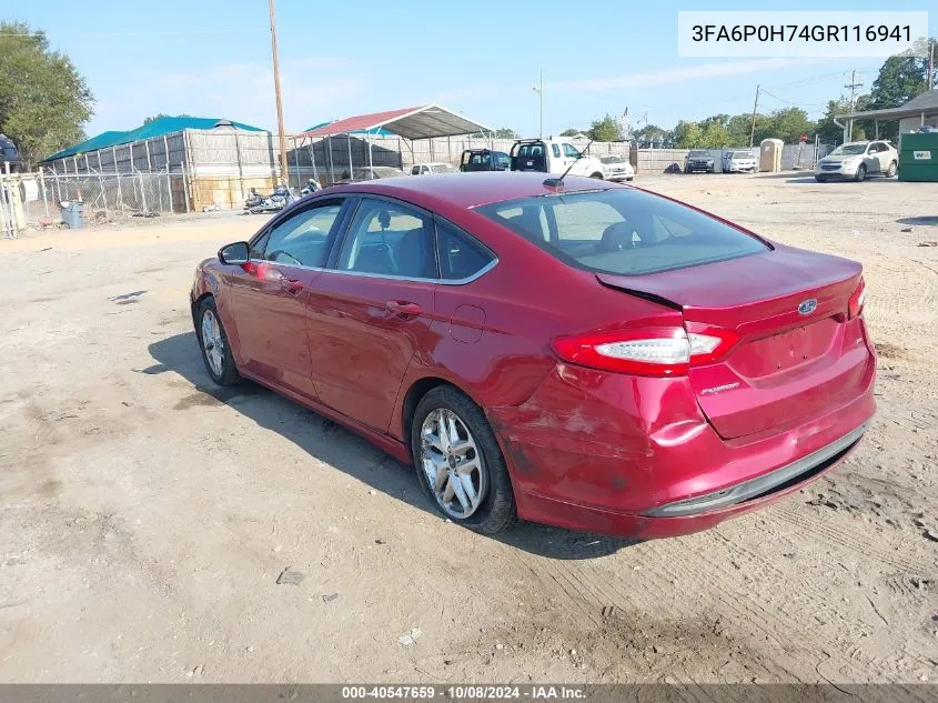 2016 Ford Fusion Se VIN: 3FA6P0H74GR116941 Lot: 40547659