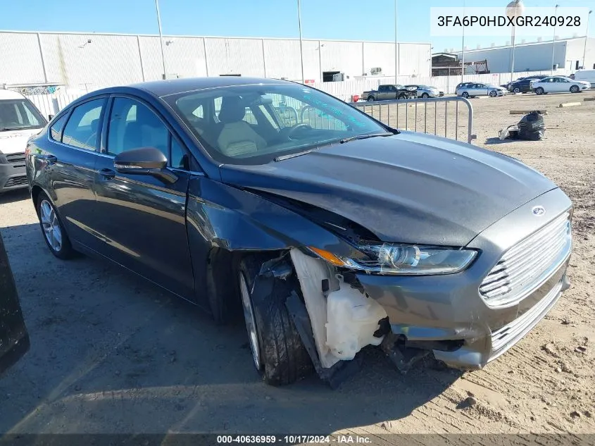 2016 Ford Fusion Se VIN: 3FA6P0HDXGR240928 Lot: 40636959