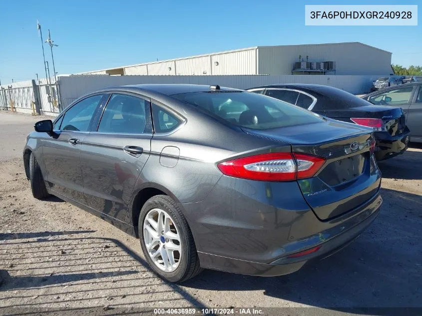 2016 Ford Fusion Se VIN: 3FA6P0HDXGR240928 Lot: 40636959