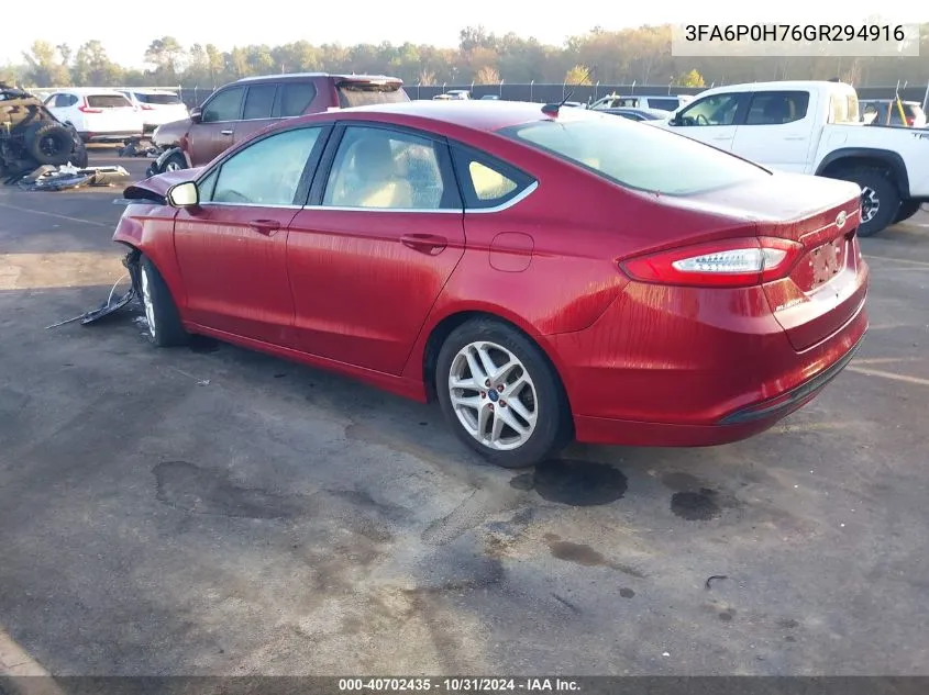 2016 Ford Fusion Se VIN: 3FA6P0H76GR294916 Lot: 40702435