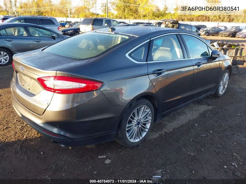 2016 Ford Fusion Se VIN: 3FA6P0HD6GR380541 Lot: 40754073