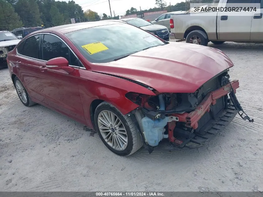 2016 Ford Fusion Se VIN: 3FA6P0HD2GR274474 Lot: 40765664