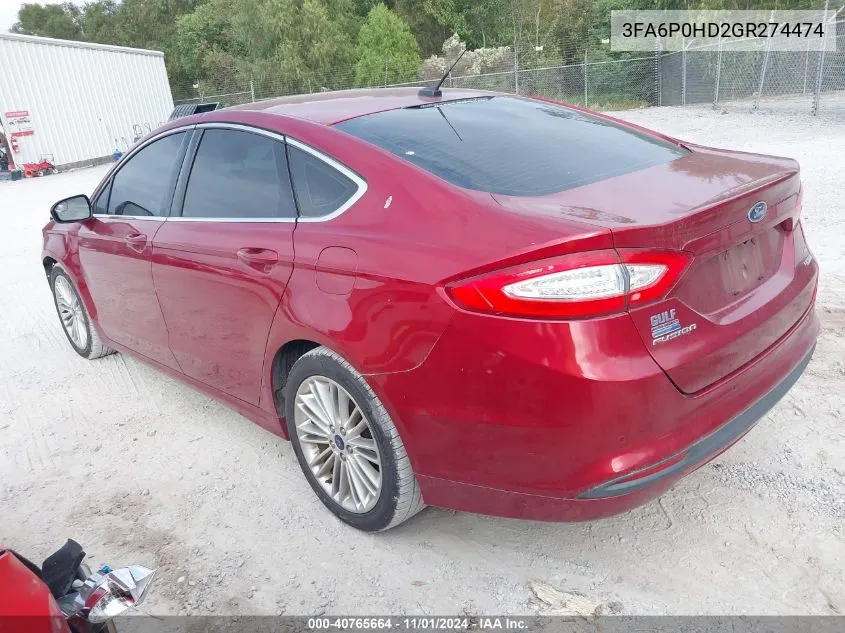 2016 Ford Fusion Se VIN: 3FA6P0HD2GR274474 Lot: 40765664