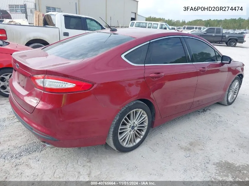 2016 Ford Fusion Se VIN: 3FA6P0HD2GR274474 Lot: 40765664